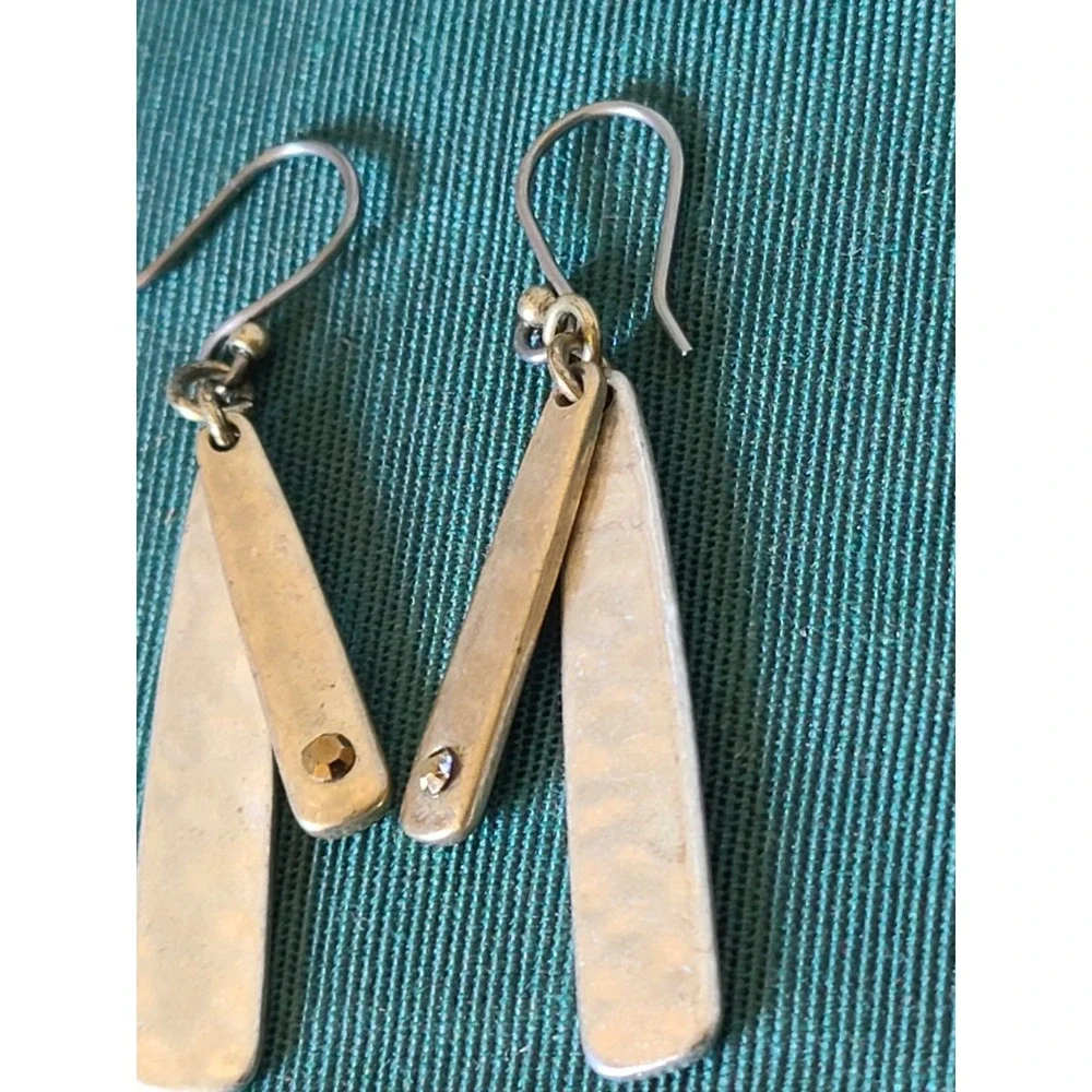 Two Toned Hammered Silver And Gold Tone Dangle Earrings Crystal Accent